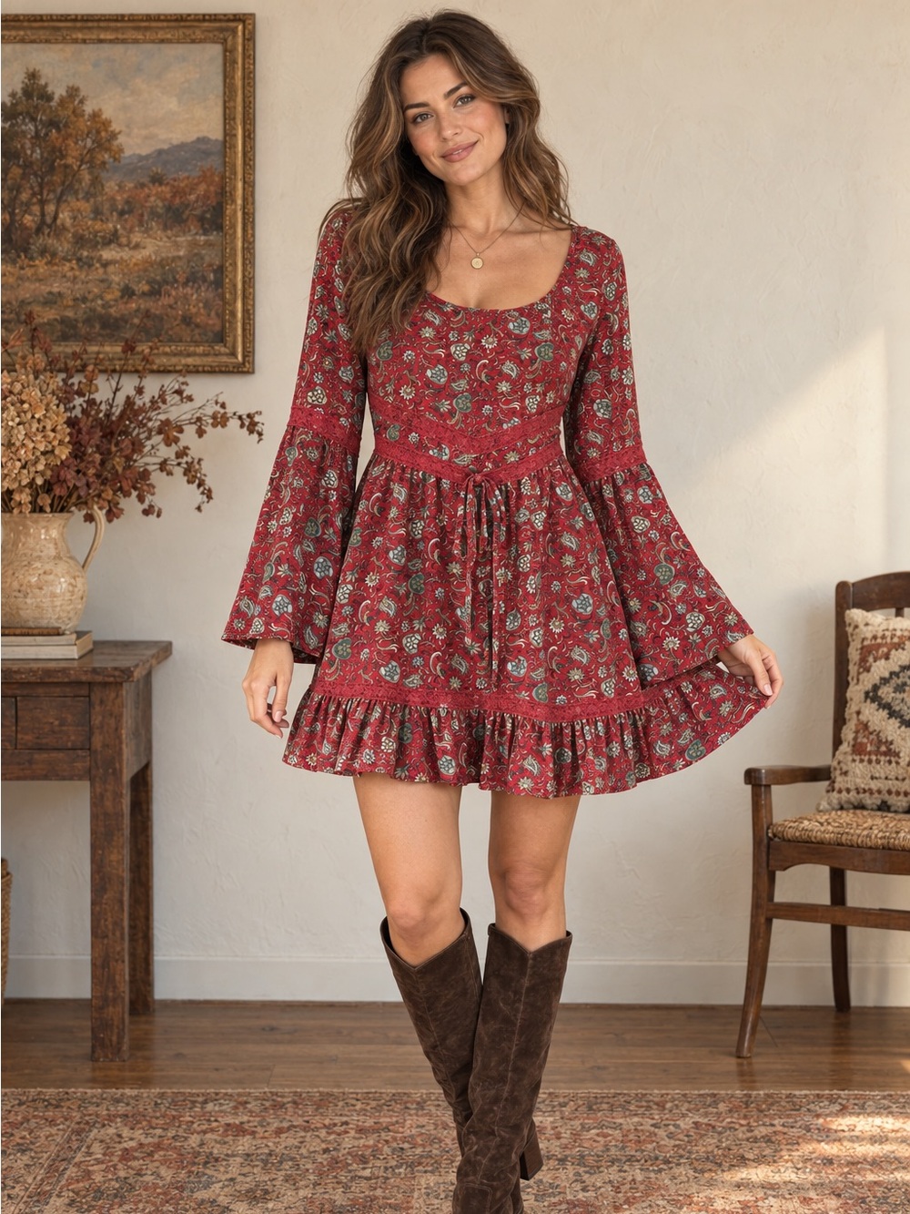 Band of Gypsies Red Paisley Floral Bell Sleeve Boho Mini Dress M Western Whimsi